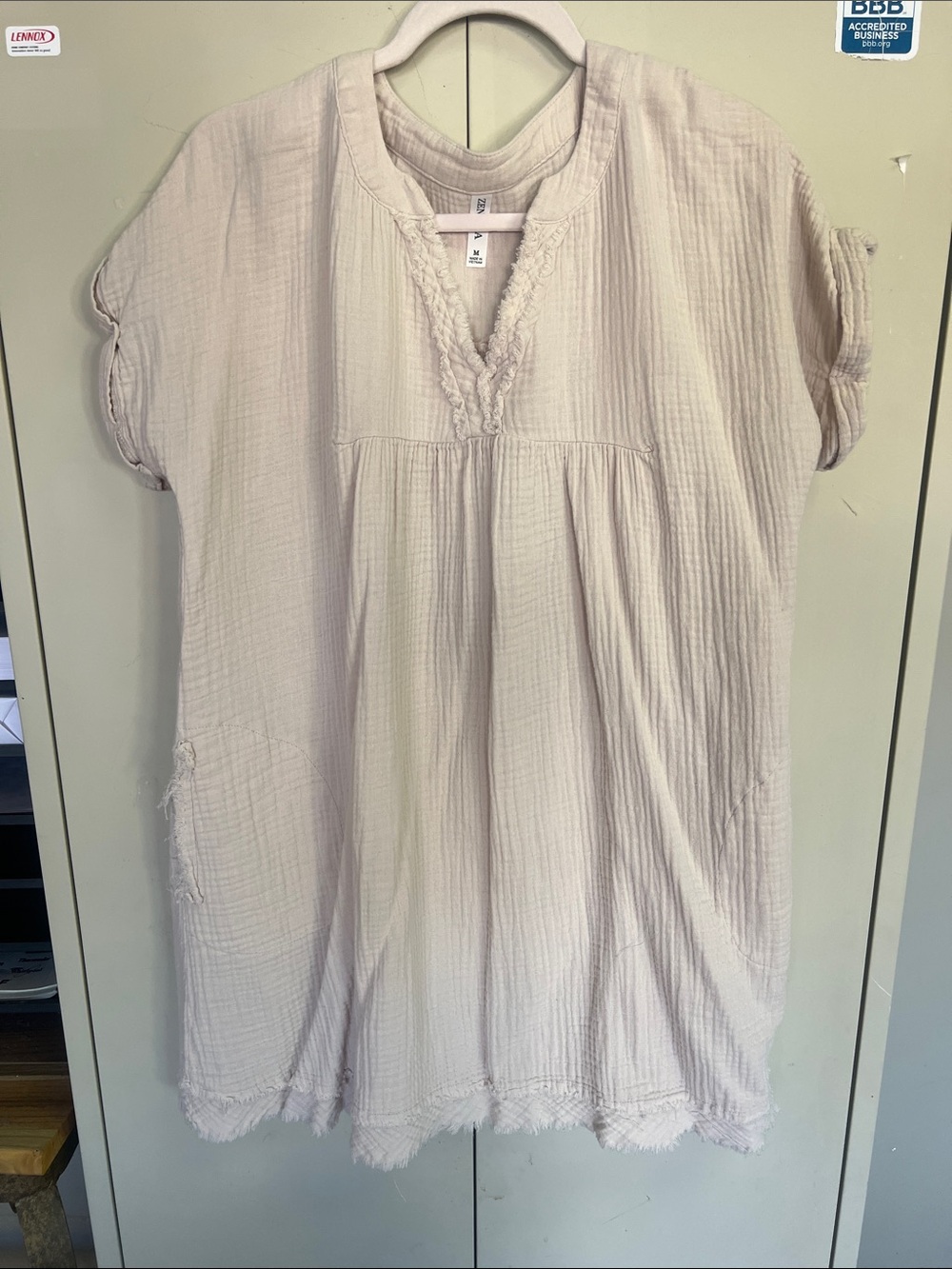 Soft Gauze Frayed V-Neck dress - Light Beige